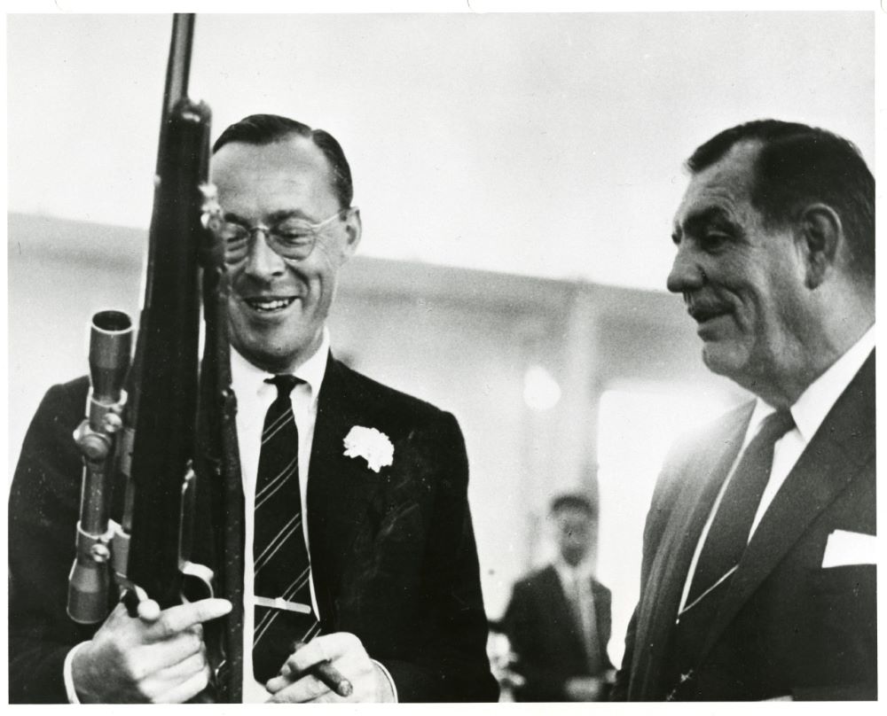 A photograph of Prince Bernhard of The Netherlands holding an ArmaLite AR-1 ParaSniper.