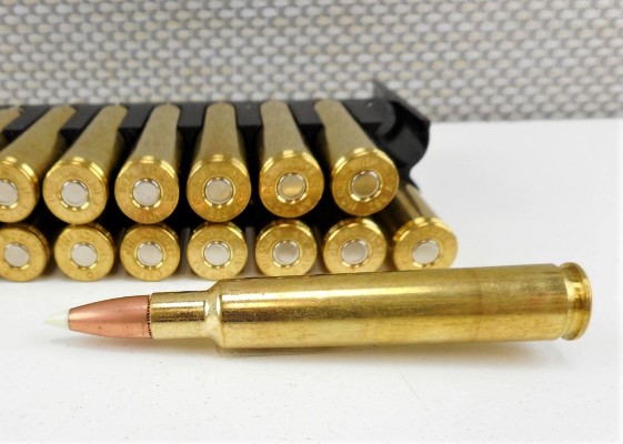 A photo of the .219 Zipper cartridge, which is based on the .30-30 Winchester.