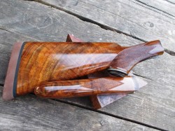 A gun stock that has been finished with Birchwood Casey's "Tru-Oil" gun stock finish.