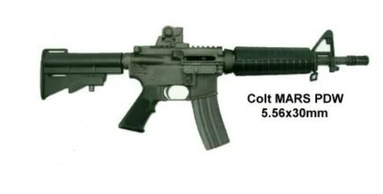 A photo of the Colt MARS (Mini Assault Rifle System) PDW, a shrunken down version of the AR-15 / M16 platform.